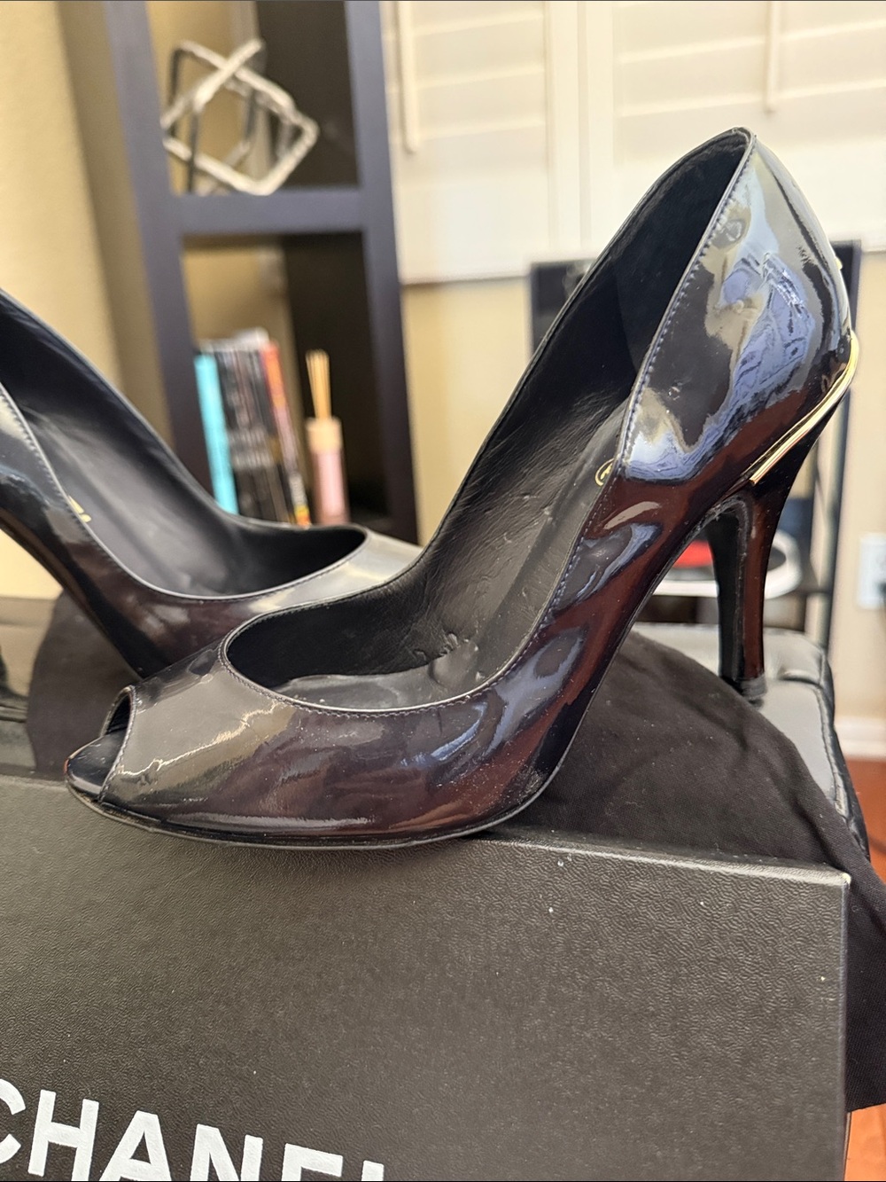 CHANEL Black Patent Peep-Toe Stiletto Pumps with Gold CC Heel Accent - Picture 3 of 10